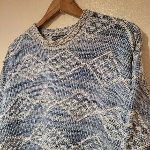 Vtg David Brett Sweater Men XL Blue Chunky 3D Knit Diamond Geometric Grandpa USA - Picture 2 of 11